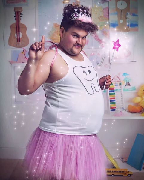 Overweight Man Dressed Tooth Fairy — Stock Photo, Image