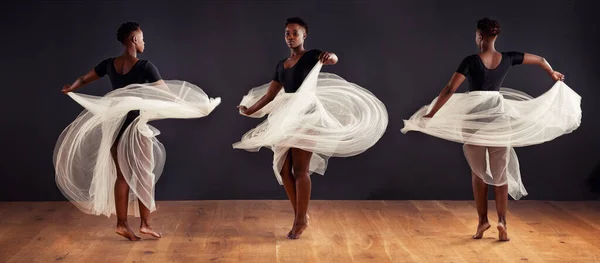 流れを感じなさい。若い女性の現代ダンサーのモンタージュ劇的な効果のための柔らかい白いスカートを使用して. — ストック写真