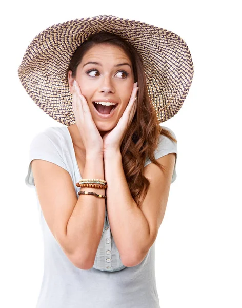 Sorpresa total. Una joven sorprendida usando un sombrero. —  Fotos de Stock