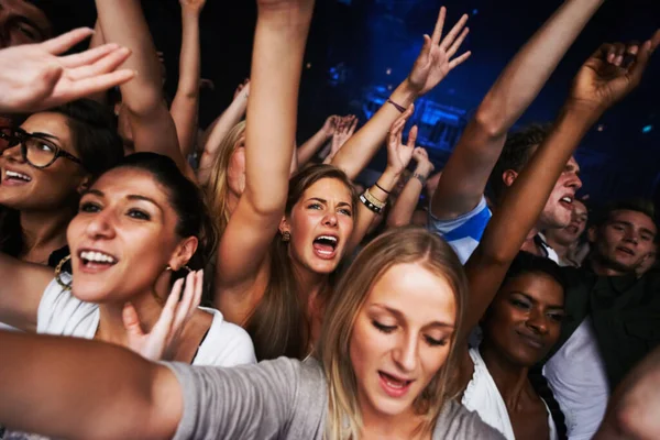 Gouden cirkel. Aantrekkelijke vrouwelijke fans die genieten van een concert- Dit concert werd gemaakt voor het enige doel van deze fotoshoot, met 300 modellen en 3 live bands. Alle mensen in deze shoot zijn model. — Stockfoto