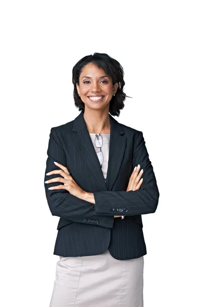 Affärerna går bra. Studio porträtt av en framgångsrik affärskvinna poserar mot en vit bakgrund. — Stockfoto