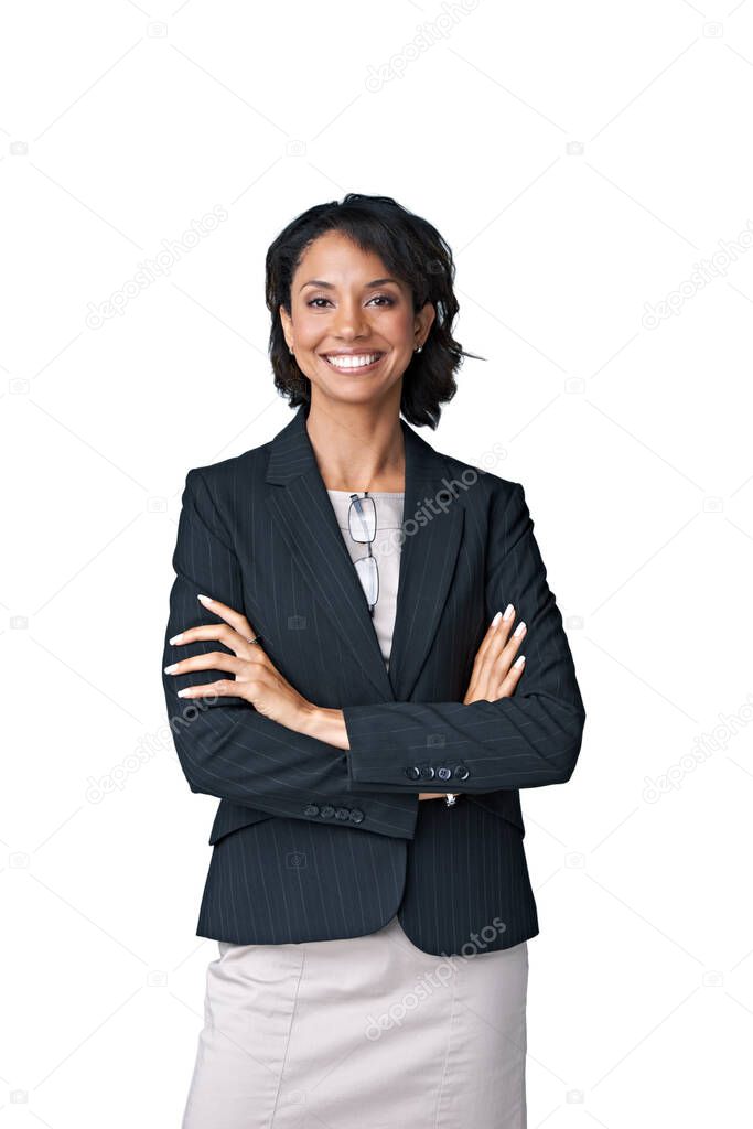 Business is good. Studio portrait of a successful businesswoman posing against a white background.