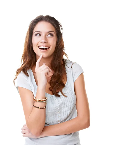 There we go. Shot of a thoughtful-looking young woman isolated on white. — Stock Photo, Image