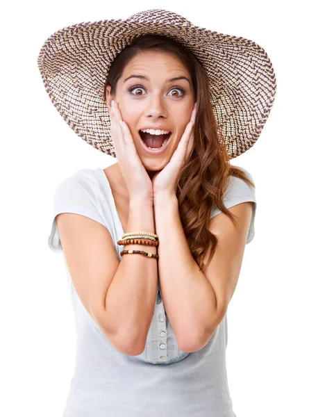Wow. A surprised young woman wearing a hat. Stock Picture