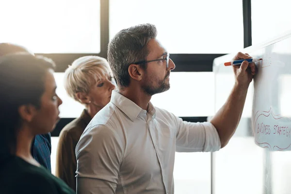 Wir planen gerne im Voraus. Aufnahme eines Geschäftsmannes bei einer Präsentation vor Kollegen in einem Sitzungssaal. — Stockfoto