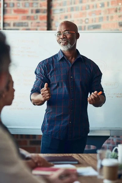 Ihnen eine detaillierte Erklärung zu geben. Schnappschuss eines reifen Geschäftsmannes bei einer Präsentation im Sitzungssaal. — Stockfoto