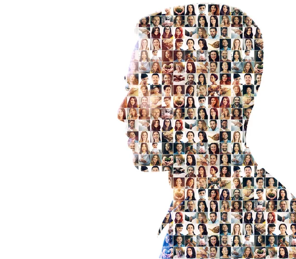 Gesichter der Menschheit. Zusammengesetztes Bild einer vielfältigen Gruppe von Menschen, überlagert von einem Männerprofil. — Stockfoto