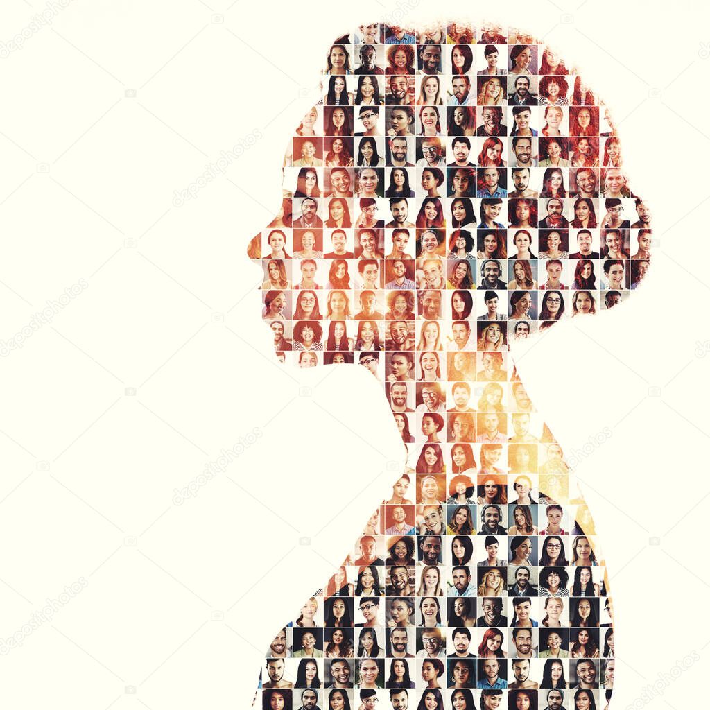 Faces from within. Composite image of a diverse group of people superimposed on a womans profile.