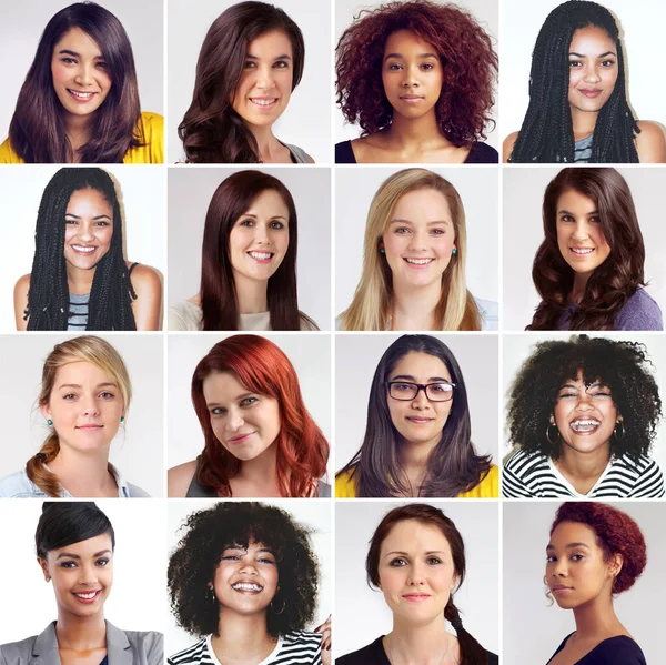 Mulheres como uma. Imagem composta de um grupo diversificado de mulheres sorridentes. — Fotografia de Stock