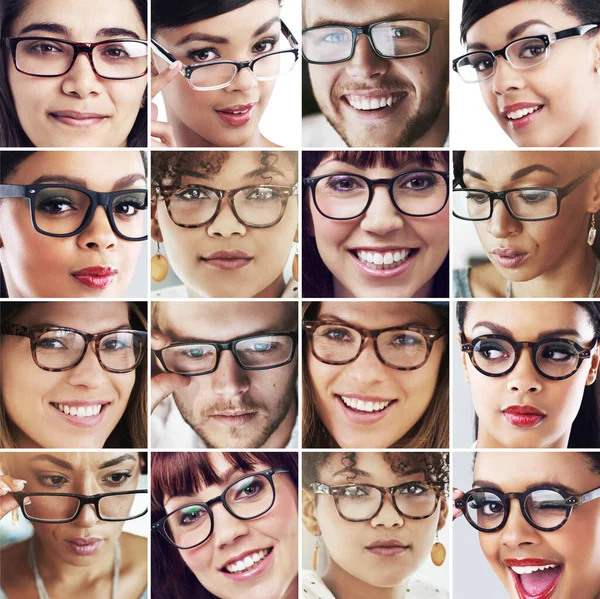 Variété de visions. Image composite d'un groupe diversifié de personnes portant des lunettes. — Photo