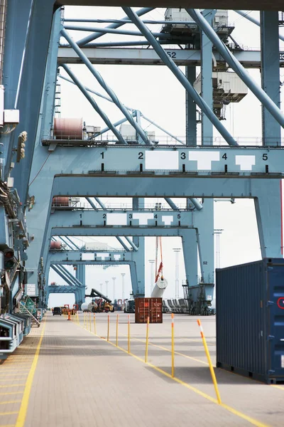Evolusi rekayasa. Cranes pengiriman pasokan di pelabuhan. — Stok Foto