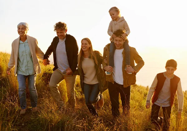 Вместе на каждом шагу. Семья из нескольких поколений поднимается вместе на травянистый холм на закате. — стоковое фото
