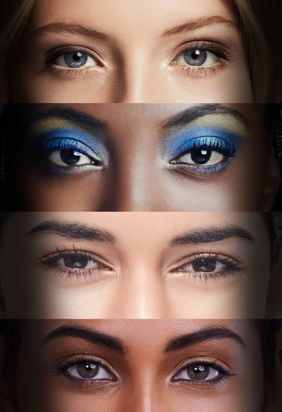 Menampilkan jiwa mereka. Pandangan yang dipotong dari empat mata wanita dari negara yang berbeda. — Stok Foto