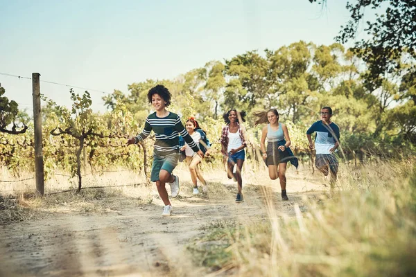 野生の実行、自由を実行します。夏のキャンプで自然の中を走る10代の若者のグループのショット. — ストック写真