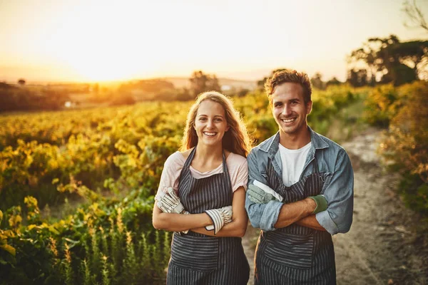 Leader nel settore agricolo. Ritratto di un giovane uomo e una donna fiduciosi che lavorano insieme in una fattoria. — Foto Stock