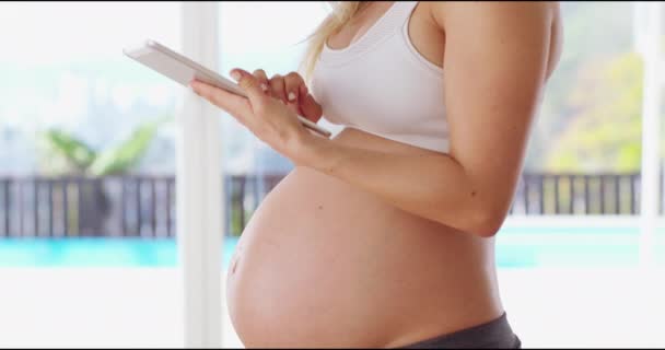 Je me prépare mentalement. Images 4K d'une femme enceinte utilisant sa tablette numérique à la maison. — Video