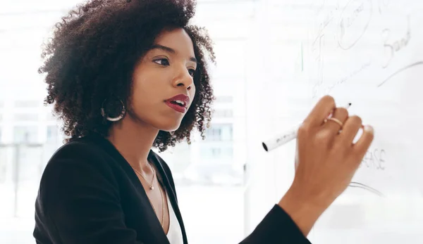 Esteja preparado para quando a oportunidade atacar. Tiro de uma jovem empresária estrategia em um quadro branco em um escritório moderno. — Fotografia de Stock