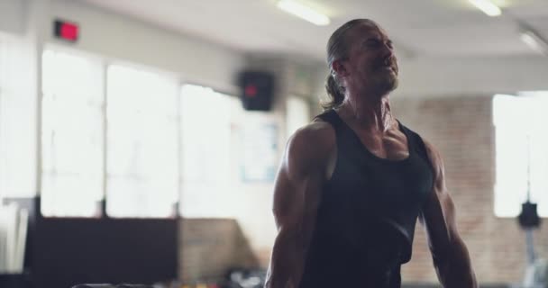 Είναι φτιαγμένος για δύναμη. 4k βίντεο από ένα μυώδη νεαρό άνδρα άντληση σιδήρου στο γυμναστήριο. — Αρχείο Βίντεο