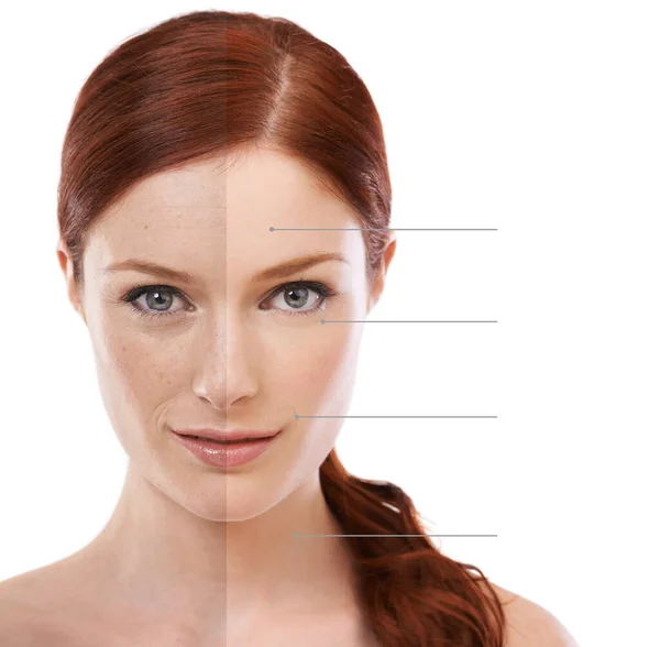 Os pontos essenciais da beleza. Estúdio conceitual tiro de linhas apontando para diferentes partes de um rosto atraente de mulheres. — Fotografia de Stock