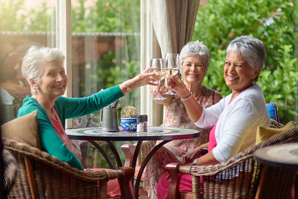 Heres untuk persahabatan yang berlangsung seumur hidup. Foto dipotong dari sekelompok teman perempuan senior menikmati kencan makan siang. — Stok Foto