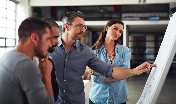 The creative process. Shot of a group of colleagues brainstorming together on a whiteboard in an office. — Stock Photo, Image