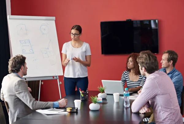Austausch von Ideen für das Unternehmenswachstum. Aufnahme einer Frau bei einer Präsentation vor einer Gruppe von Kollegen in einem Sitzungssaal. — Stockfoto