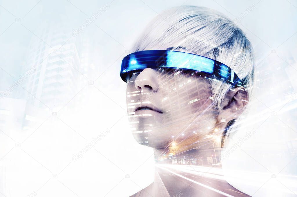 Envisioning the future. Multiple exposure shot of a young woman with VR glasses superimposed on a city at night.