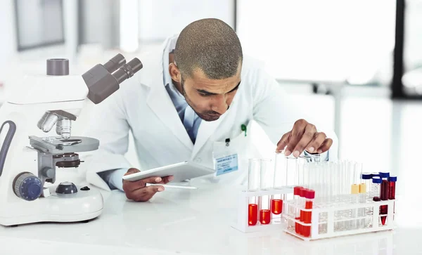 Er verfügt über gute praktische und technische Fähigkeiten. Aufnahme eines männlichen Wissenschaftlers bei der Untersuchung eines mit Blut gefüllten Reagenzglases. — Stockfoto