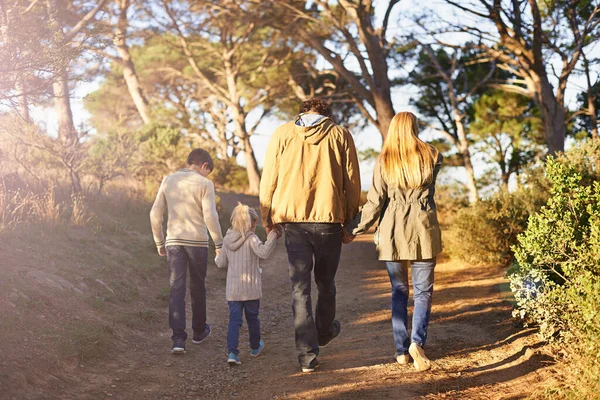 Čas na rodinné dobrodružství. Zadní záběr mladé rodiny kráčející po lesní stezce. — Stock fotografie