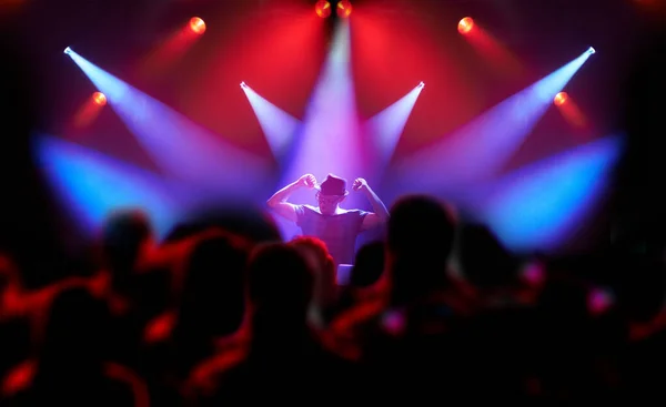 Die Menge tobt. Aufnahme einer großen Gruppe von Musikfans, die einen Musiker auf der Bühne betrachten. — Stockfoto
