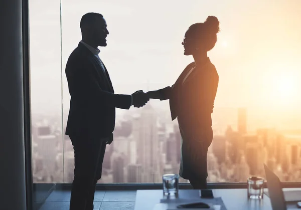 Laten we samen werken aan het realiseren van onze grote ambities. Silhouet shot van twee zakenmensen schudden handen in een kantoor. — Stockfoto