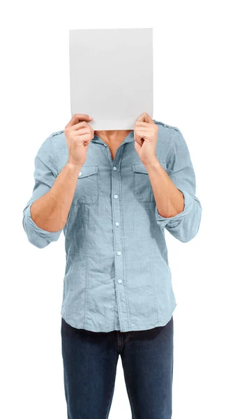 Bitte geben Sie mir eine Persönlichkeit. Ein Mann hält ein leeres Plakat vor sein Gesicht - Copy space - Conceptual. — Stockfoto