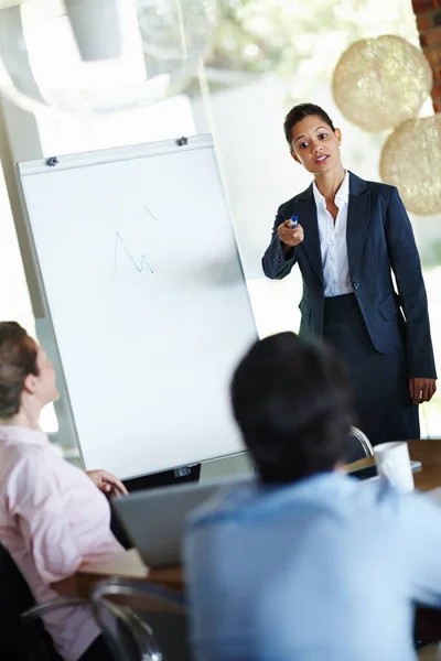 Discutiendo cifras y metas corporativas. Una joven atractiva dando una presentación de negocios a un grupo de colegas. — Foto de Stock