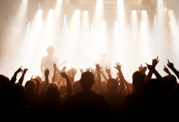 Muzyka na żywo to jedyna muzyka. Strzał fanów cieszących się rockowym show. — Zdjęcie stockowe