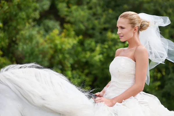 Ιππεύει να συναντήσει τον λευκό ιππότη της την ξεχωριστή μέρα. Μια πανέμορφη νεαρή νύφη ιππεύει ένα άσπρο άλογο την ημέρα του γάμου της.. — Φωτογραφία Αρχείου