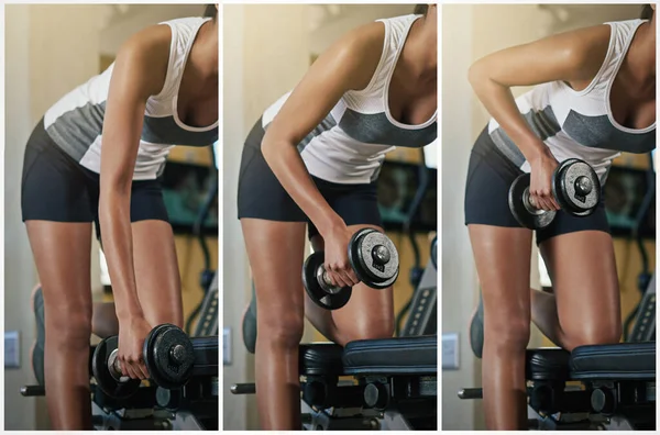 Haar trainingsroutine opvoeren. Reeks beelden van een jonge vrouw tillen een halter in de sportschool. — Stockfoto