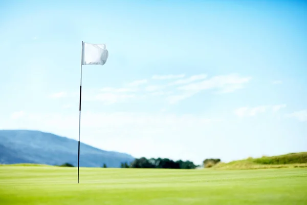 Le but final. Drapeau marquant un trou sur le terrain de golf. — Photo