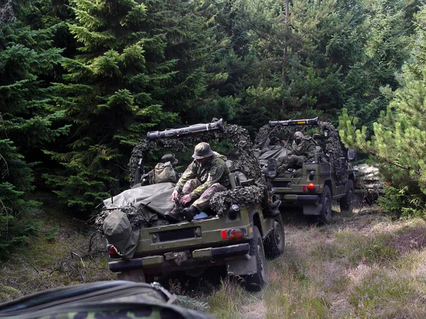 Shot of a platoon on patrol in the woods - This is the real thing from KFOR, Kosovo 1999. This image is part of our historic collection. The digital cameras available back then where very bad, so — Stock Photo, Image