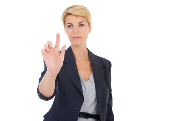 Touchscreen technologie. Een jonge zakenvrouw met behulp van een digitale interface. — Stockfoto