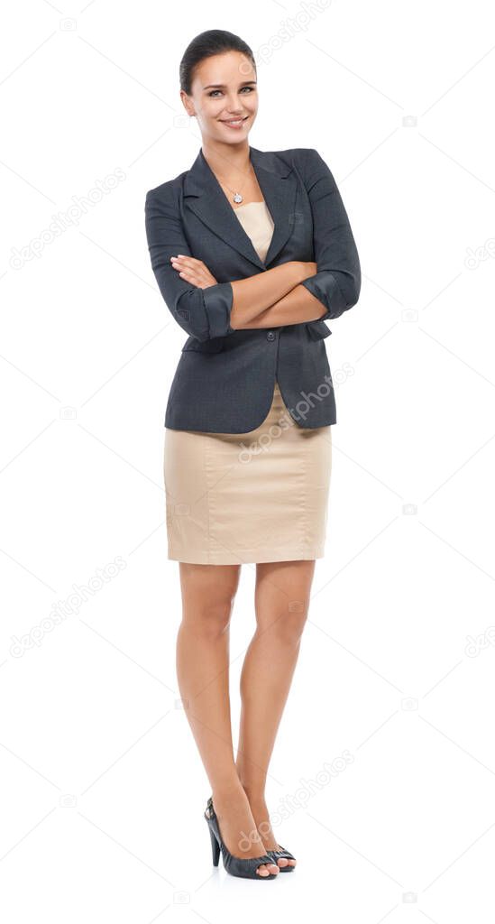 Shell be the boss soon. Studio portrait of a confident young businesswoman isolated on white.