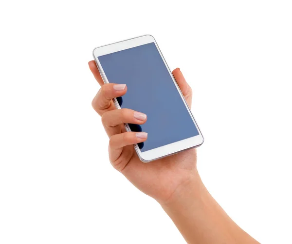 Questo smartphone è semplice ed efficace. Colpo ritagliato di una mano femminile che tiene uno smartphone. — Foto Stock