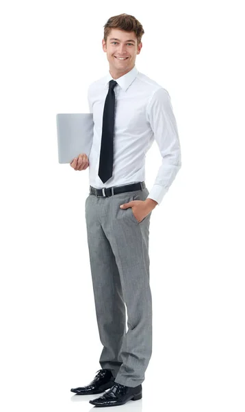 Wireless business technology. A young businessman holding a laptop. — Stock Photo, Image