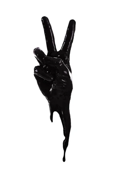 平和を。ピースサインを作る手の輪郭を描くブラックペイント. — ストック写真