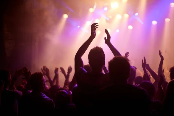 Do toho. Zadní pohled na hudební vějíř tančící s rukama zdviženýma na hudebním koncertě. — Stock fotografie