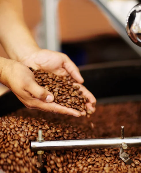 Готовий до подрібнення. Обрізаний знімок рук збиває кавові зерна, які чекають, щоб бути розмеленими . — стокове фото