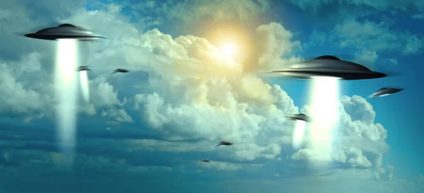 Sie sind hier. Gruppe von Raumschiffen am Himmel. — Stockfoto
