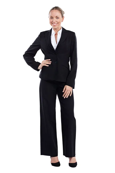 She was made for business. Full length portrait of a businessman standing with her hand on her hip against a white background. — Stock Photo, Image