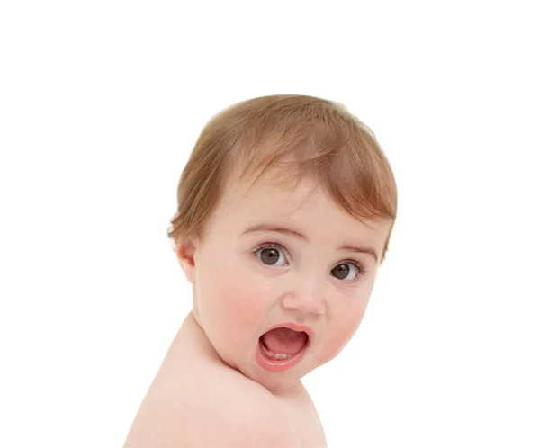 Decir qué. Retrato de un lindo bebé aislado en blanco. — Foto de Stock