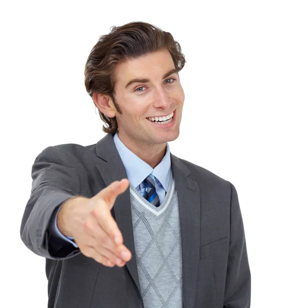 Tenemos un acuerdo. Un hombre de negocios sonriente que le ofrece un apretón de manos para sellar un acuerdo. — Foto de Stock