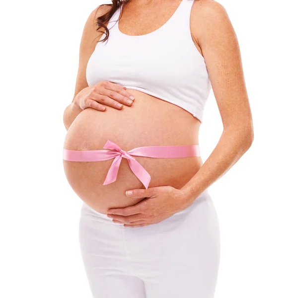 Várandós. Egy fehér bőrön izolált terhes nő levágott képe.. — Stock Fotó